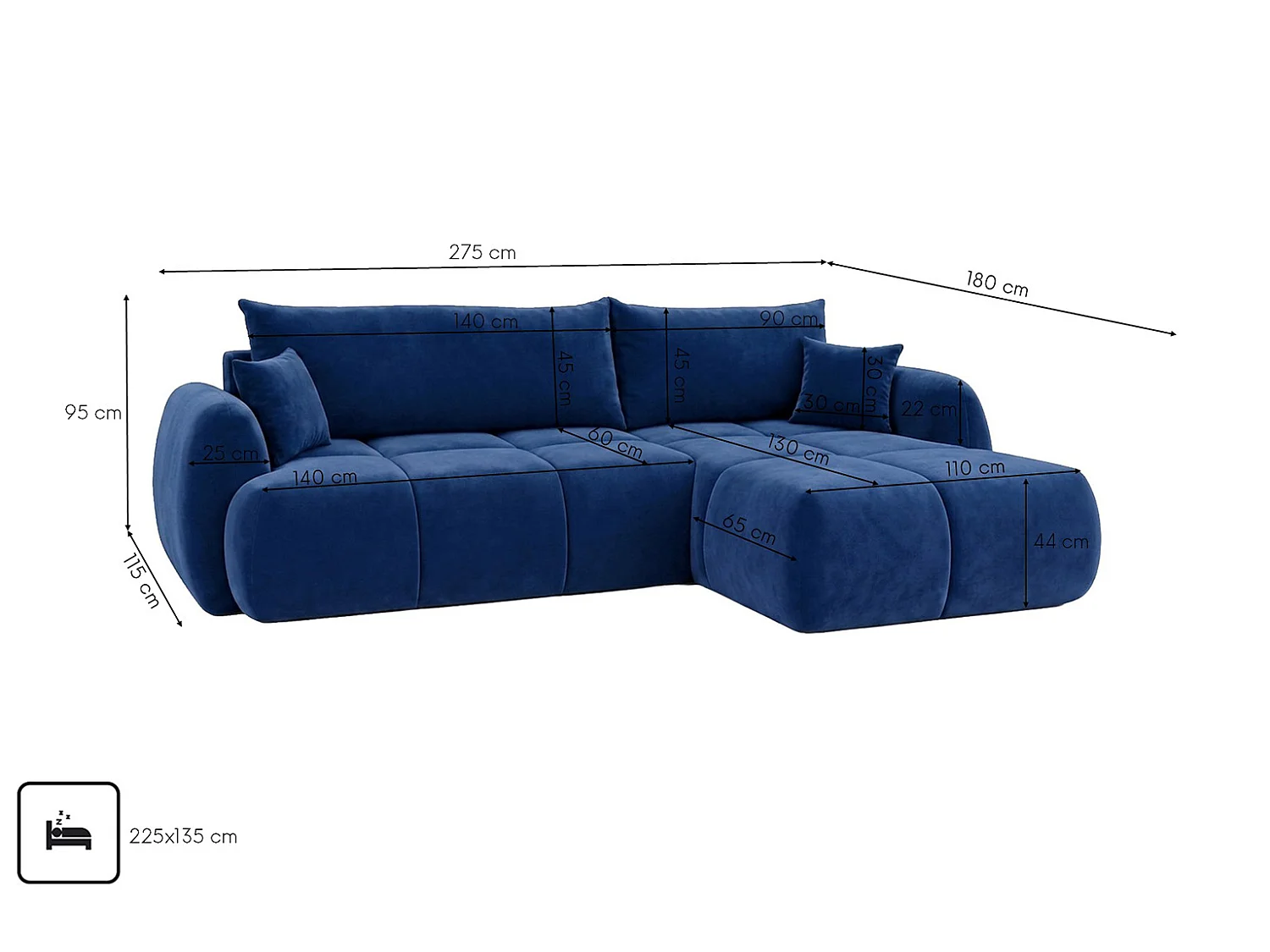 Ecksofa mit Schlaffunktion und Bettkasten, Veloursstoff Bluvel, Tintenblau, Rechts, COCO