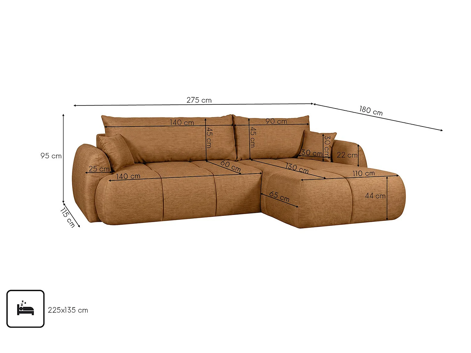 Canapé d’angle avec fonction couchage et coffre de rangement, tissu structuré Verita, Cuivré, Droite, COCO