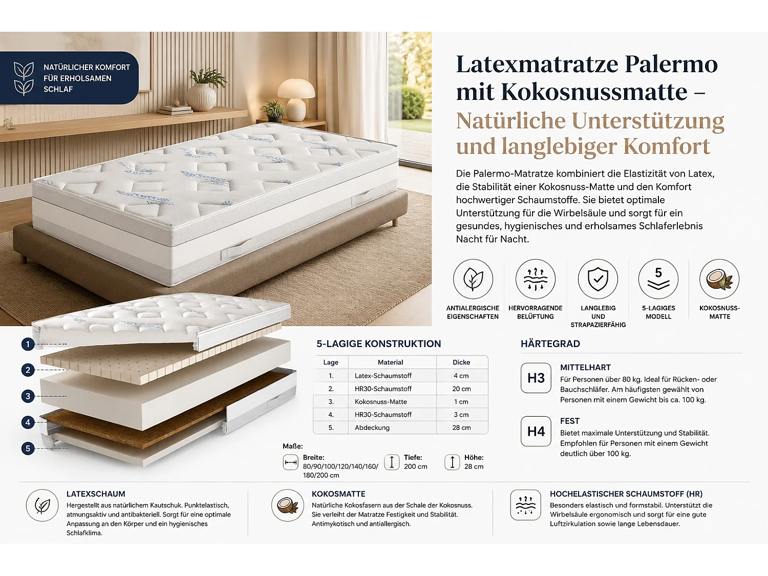 Latexmatras met kokosmat 140x200 cm, PALERMO
