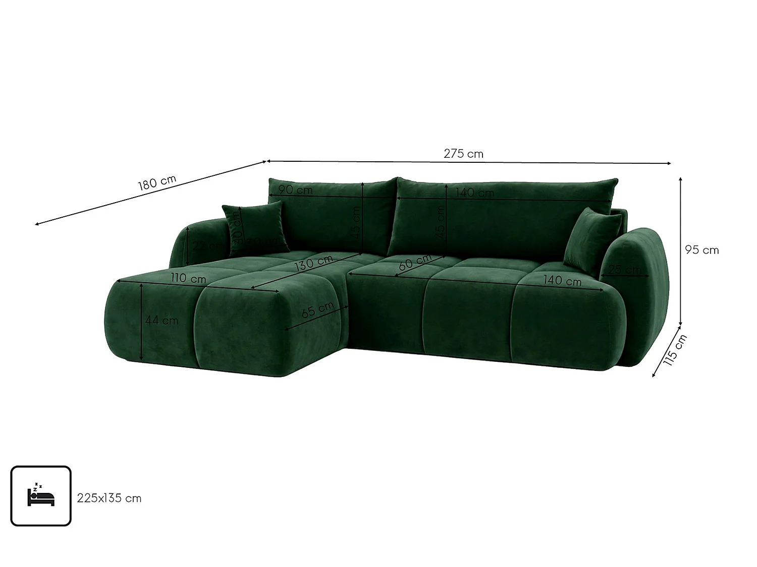 Ecksofa mit Schlaffunktion und Bettkasten, Veloursstoff Bluvel, Grün, Links, COCO
