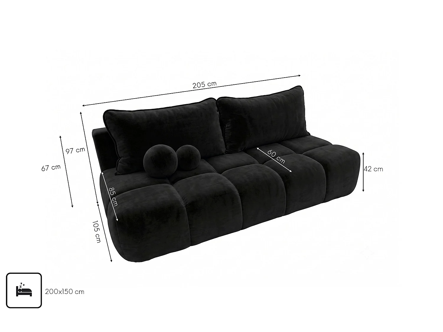Canapé convertible avec coffre de rangement, tissu velours Bluvel, Noir, COCO