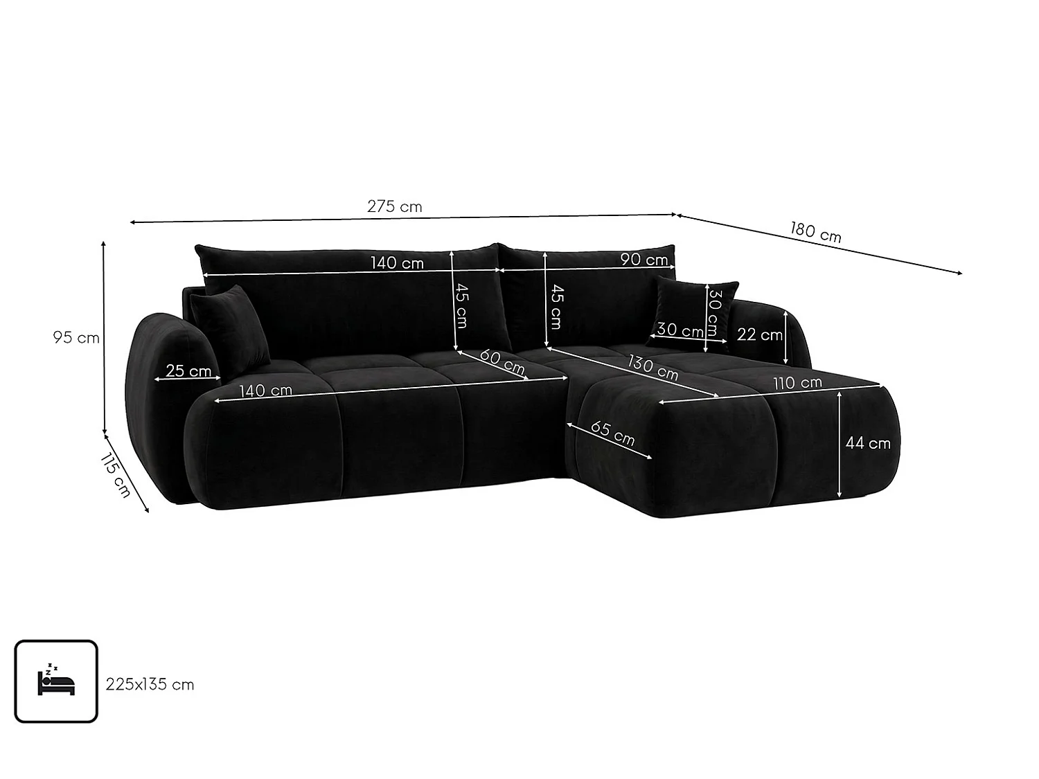 Ecksofa mit Schlaffunktion und Bettkasten, Veloursstoff Bluvel, Schwarz, Rechts, COCO