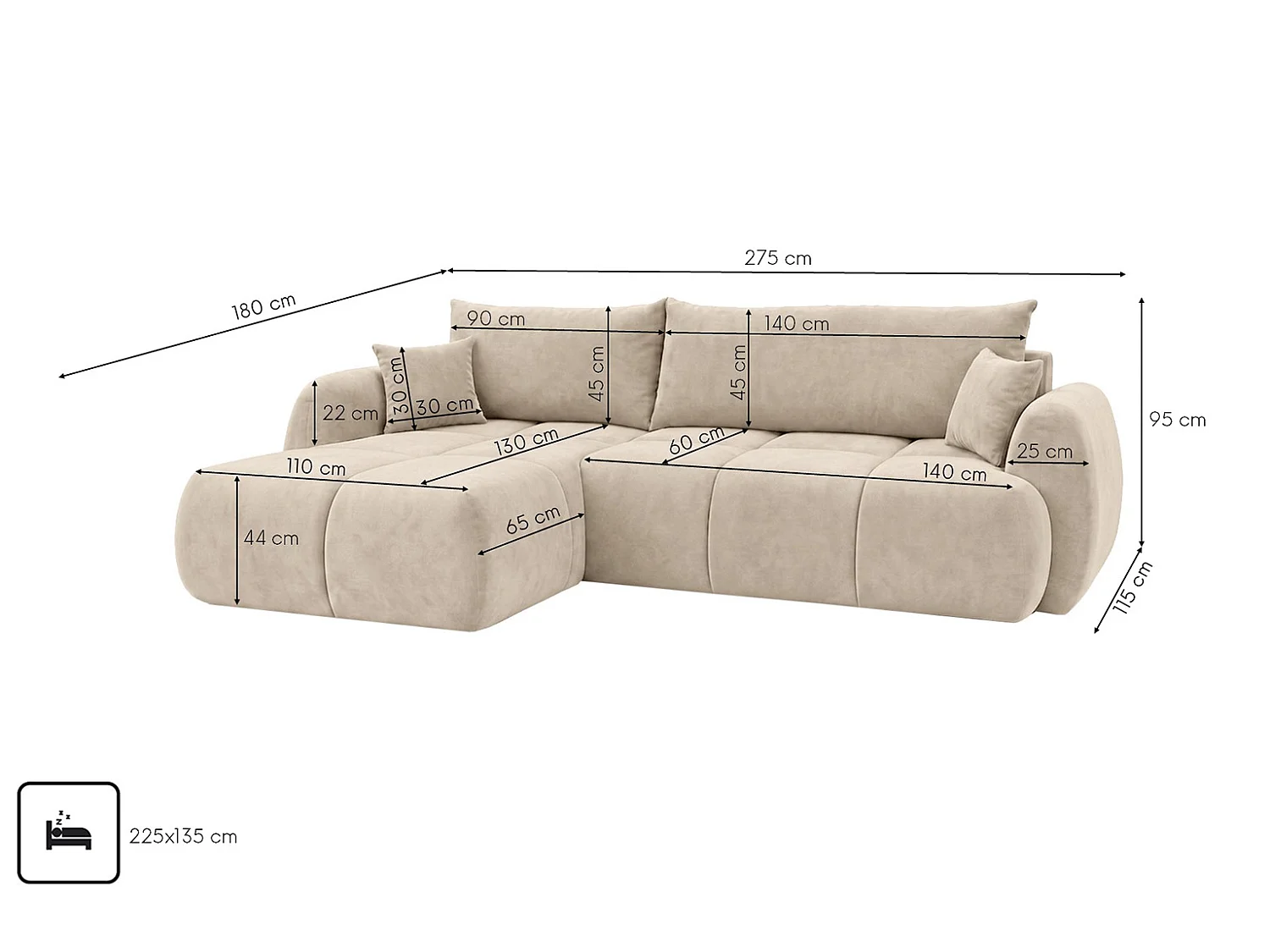Ecksofa mit Schlaffunktion und Bettkasten, Veloursstoff Bluvel, Creme, Links, COCO