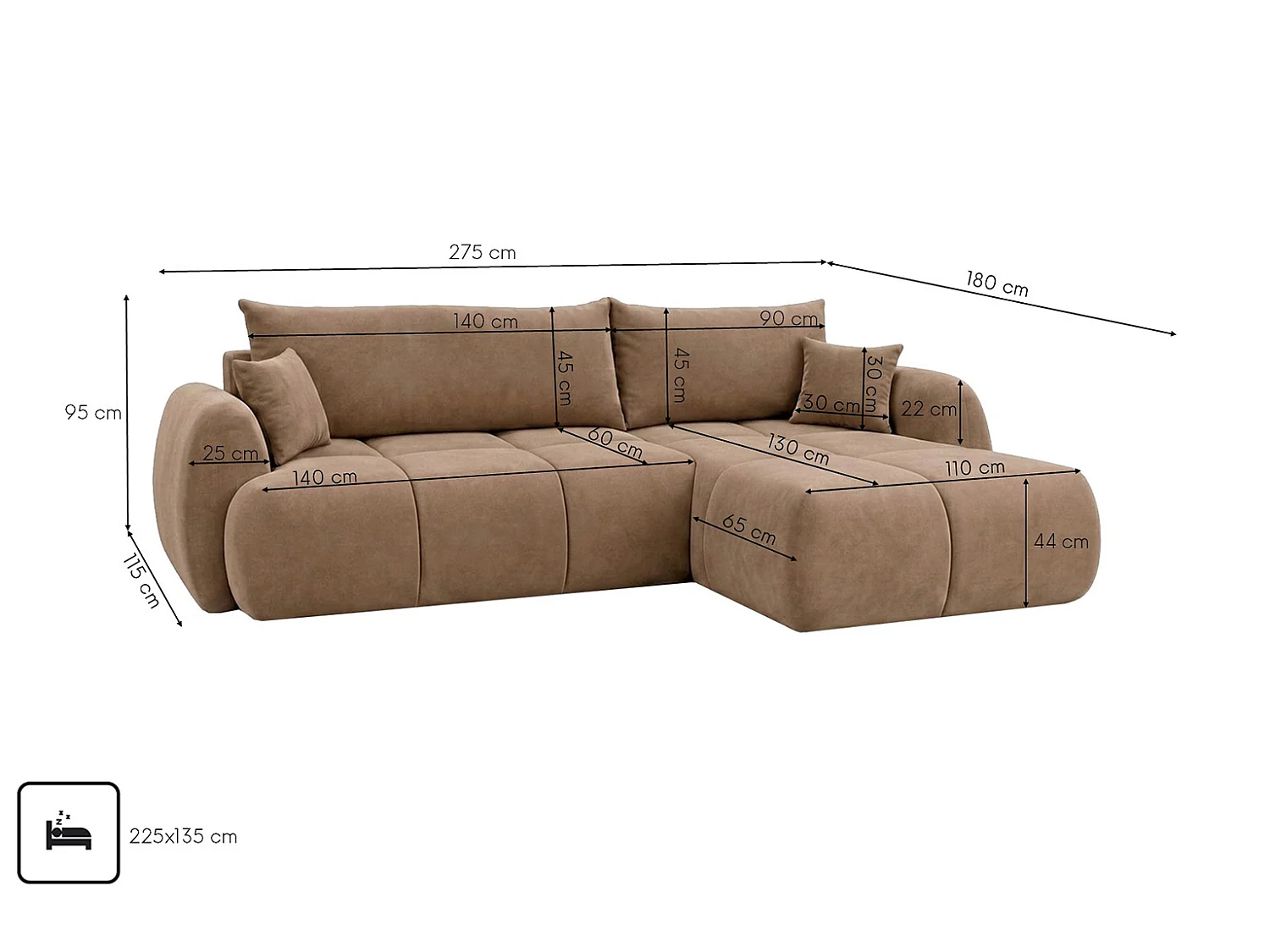 Ecksofa mit Schlaffunktion und Bettkasten, Veloursstoff Bluvel, Latte, Rechts, COCO