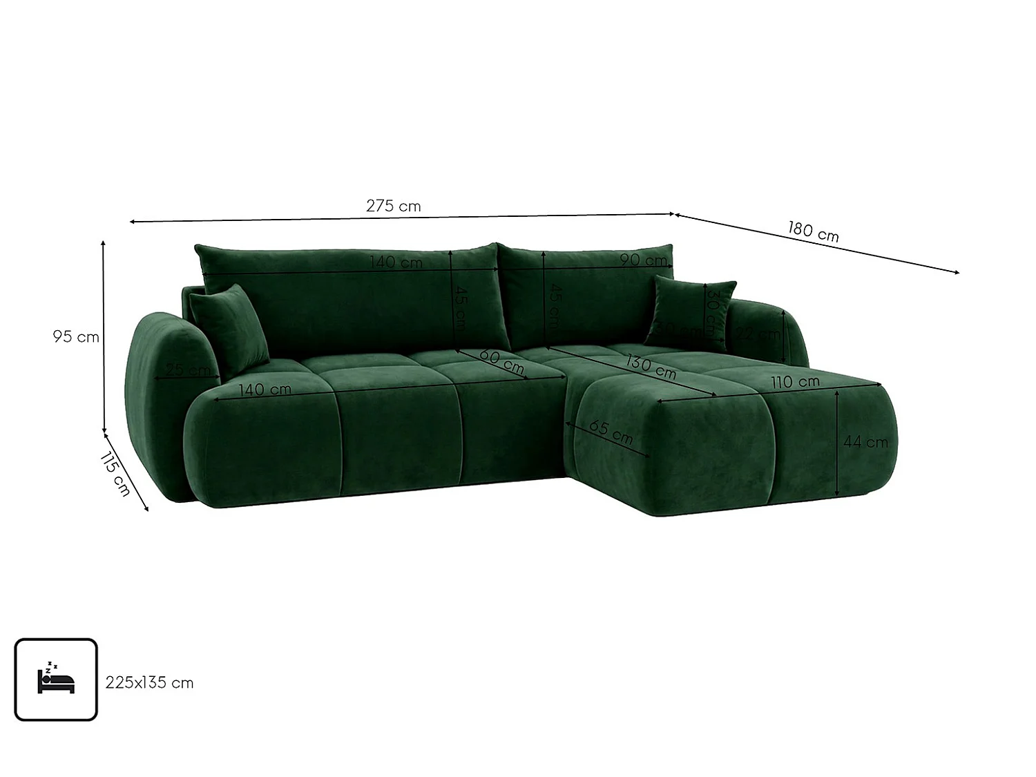 Ecksofa mit Schlaffunktion und Bettkasten, Veloursstoff Bluvel, Grün, Rechts, COCO