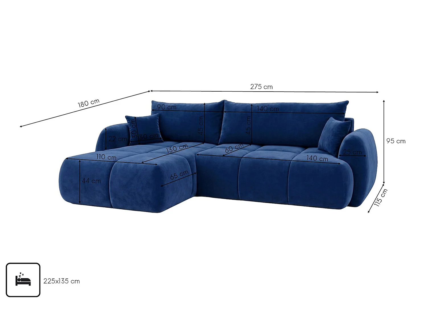 Ecksofa mit Schlaffunktion und Bettkasten, Veloursstoff Bluvel, Tintenblau, Links, COCO