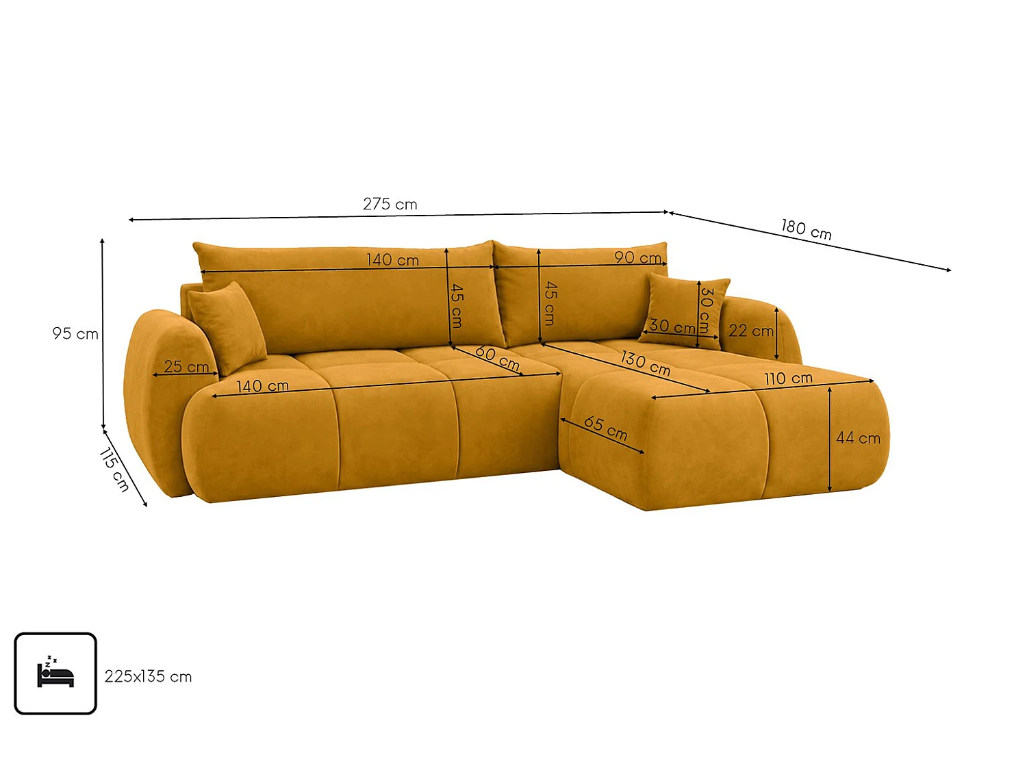 Ecksofa mit Schlaffunktion und Bettkasten, Veloursstoff Bluvel, Golden, Rechts, COCO