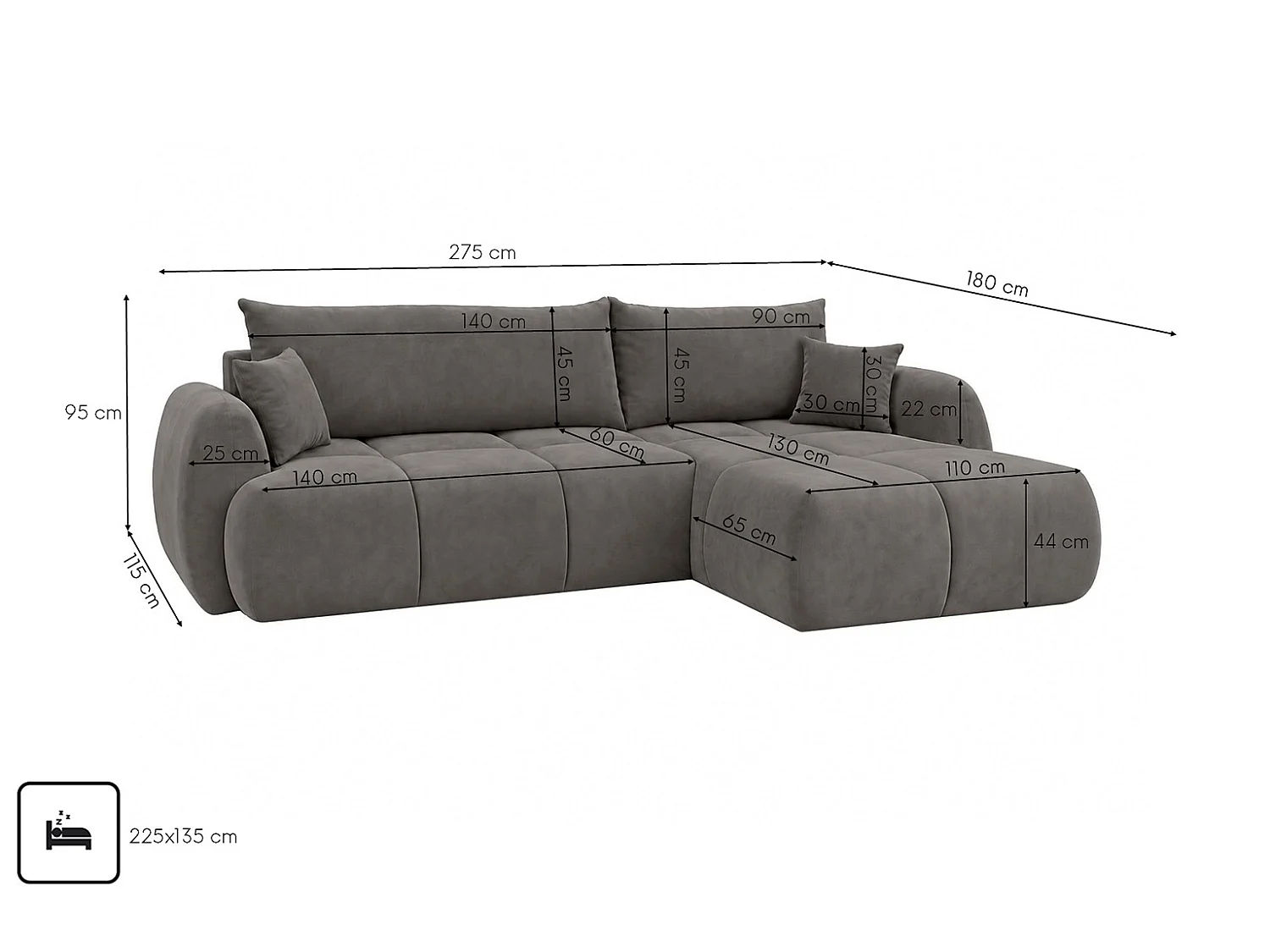 Ecksofa mit Schlaffunktion und Bettkasten, Veloursstoff Bluvel, Aschgrau, Rechts, COCO