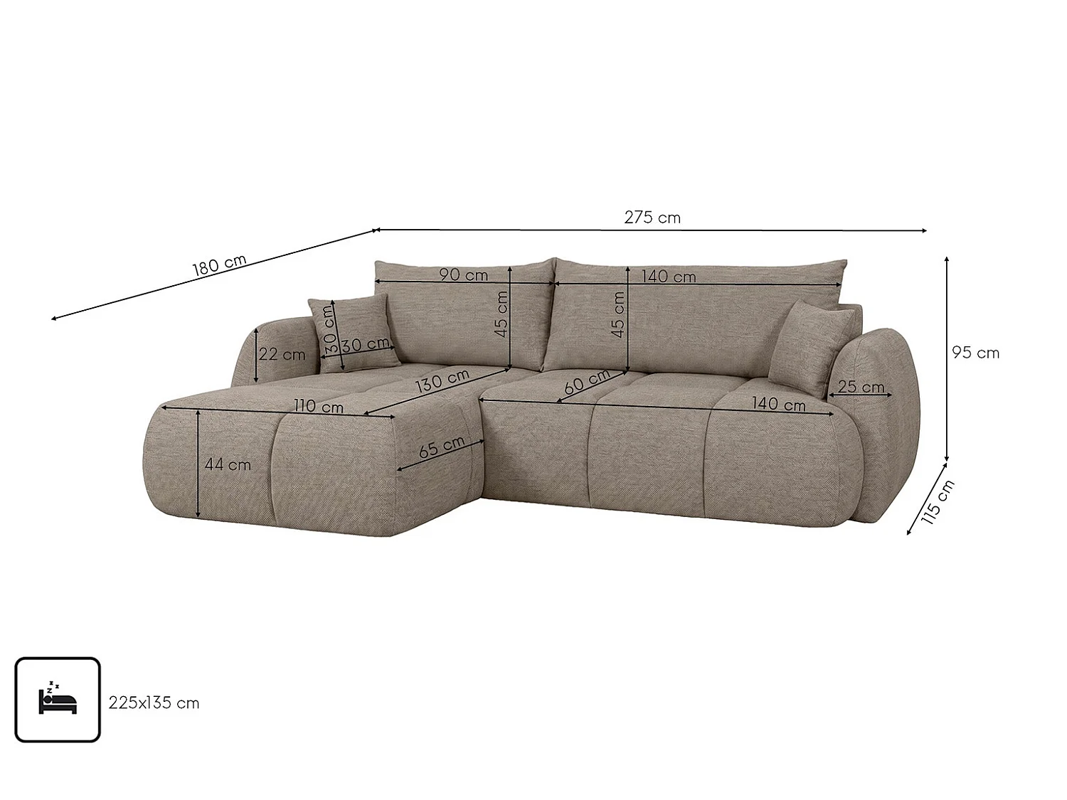 Ecksofa mit Schlaffunktion und Bettkasten, Strukturstoff Verita, Warmbeige, Links, COCO