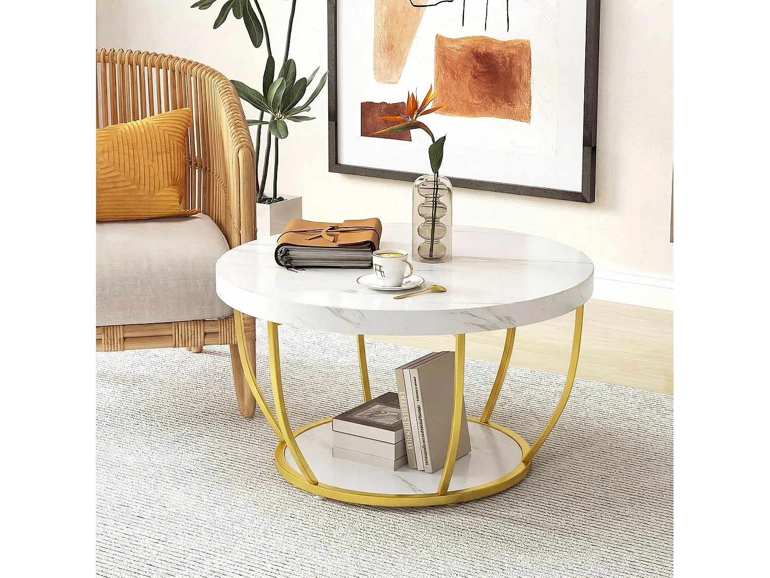 Ronde salontafel 80x45cm 2 lagen, metalen, imitatiehout, draagvermogen 90kg, wit