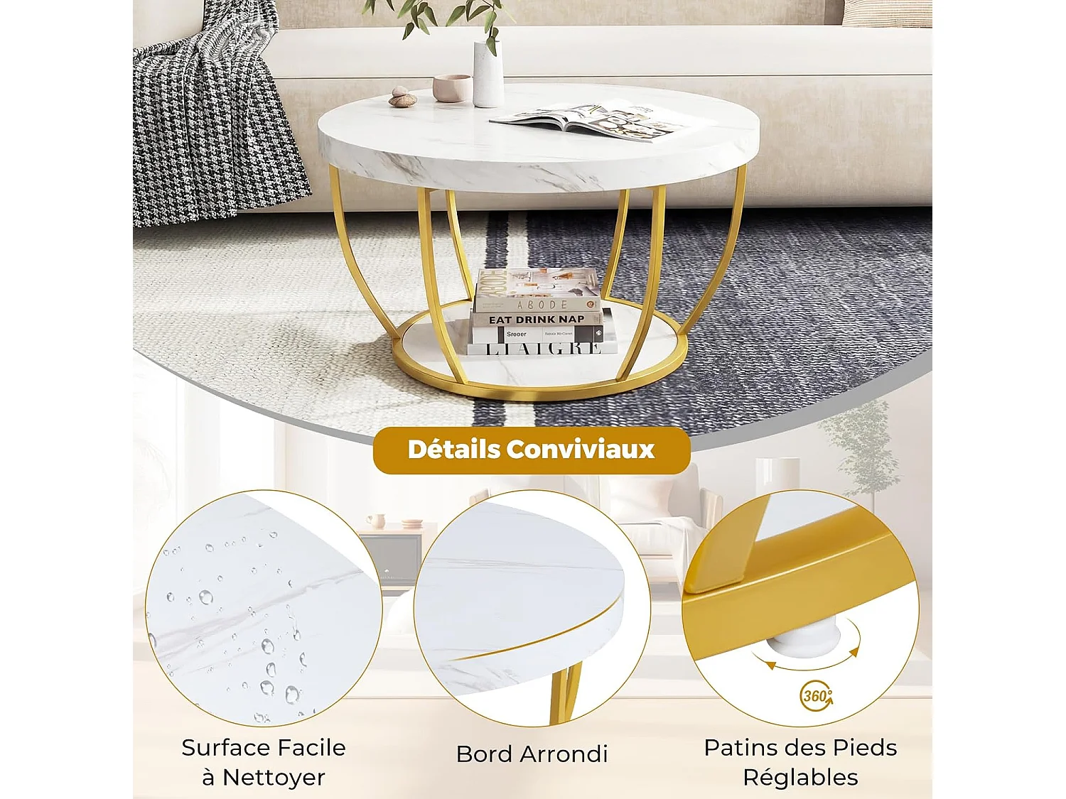 Ronde salontafel 80x45cm 2 lagen, metalen, imitatiehout, draagvermogen 90kg, wit