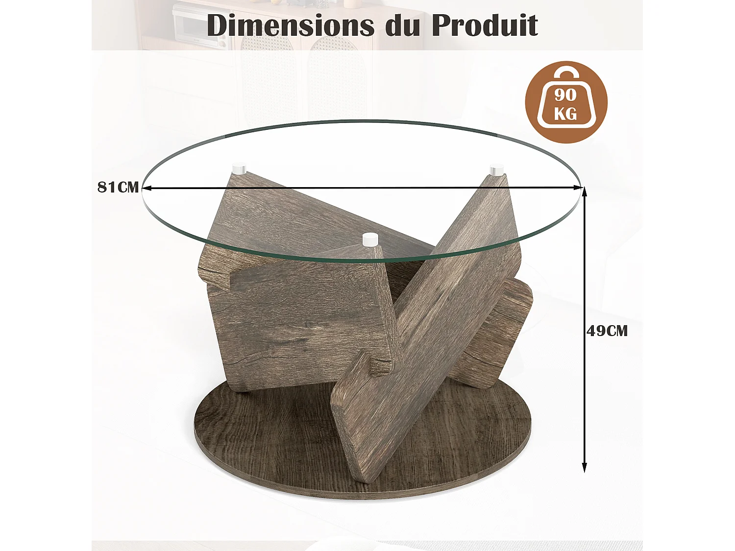 Ronde glazen salontafel 81cm, gehard glas, massief houten poten, grijs
