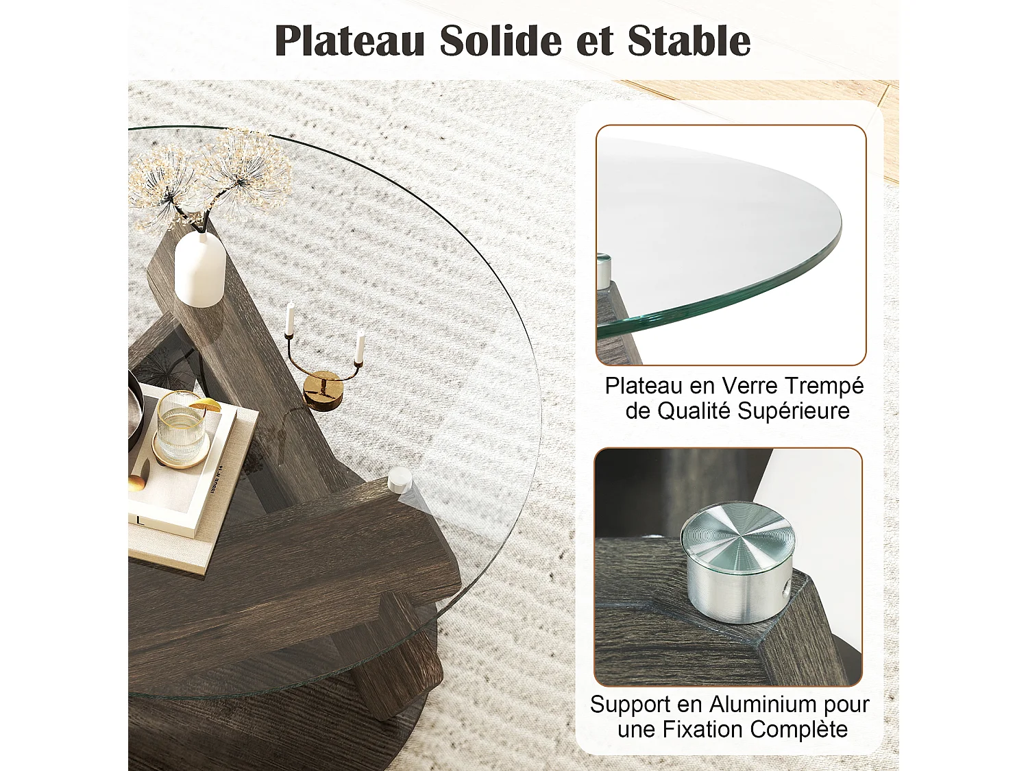 Ronde glazen salontafel 81cm, gehard glas, massief houten poten, grijs