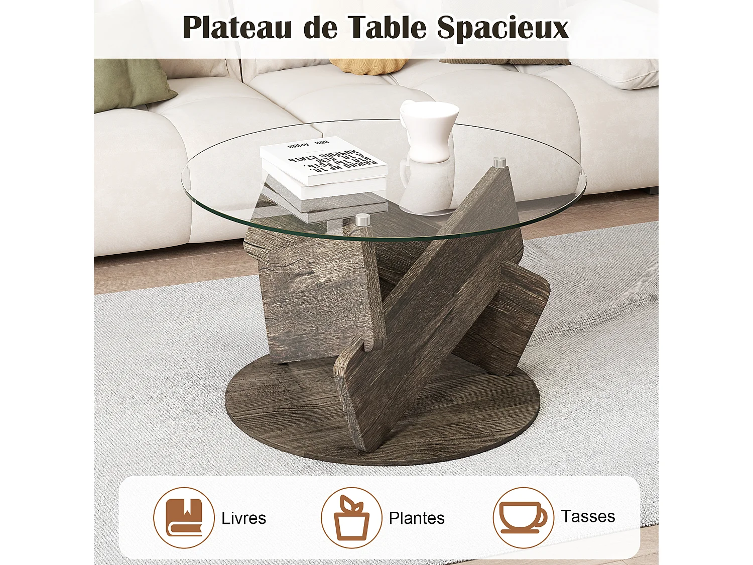 Ronde glazen salontafel 81cm, gehard glas, massief houten poten, grijs