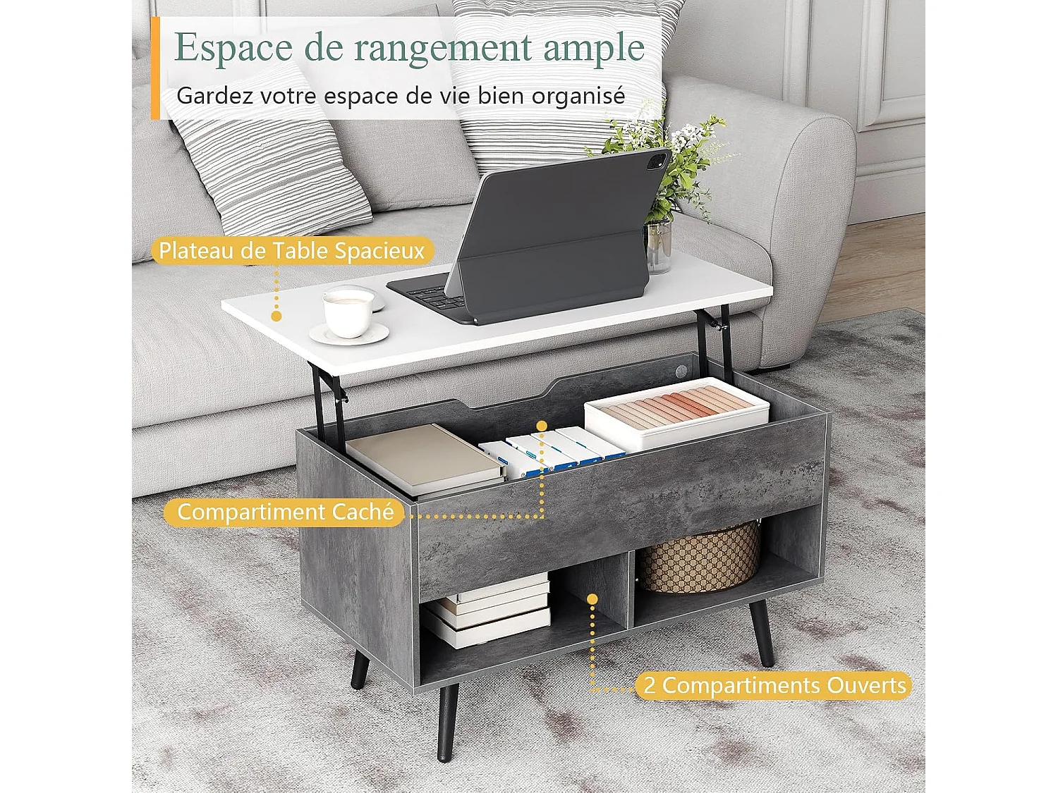 Salontafel met opklapblad, 3 vakken, veelzijdig meubel, grijs