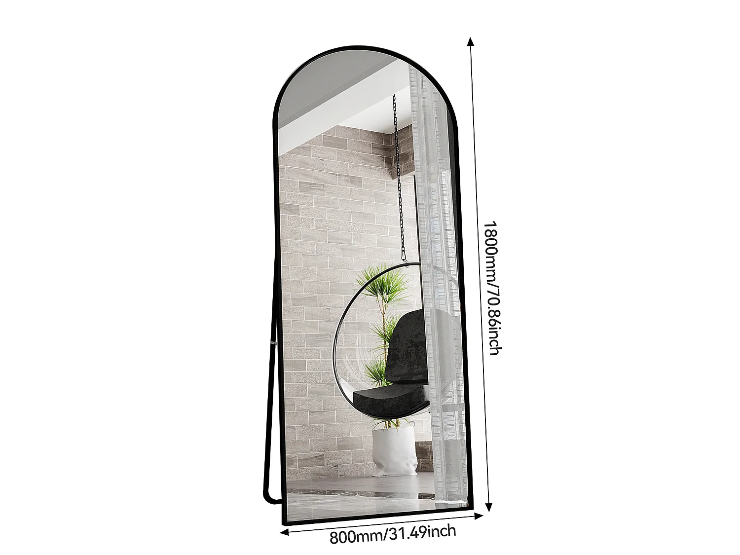 Miroir sur pied incurvé 180 x 80 cm - cadre en alliage d'aluminium - verre trempé - grand format - Noir