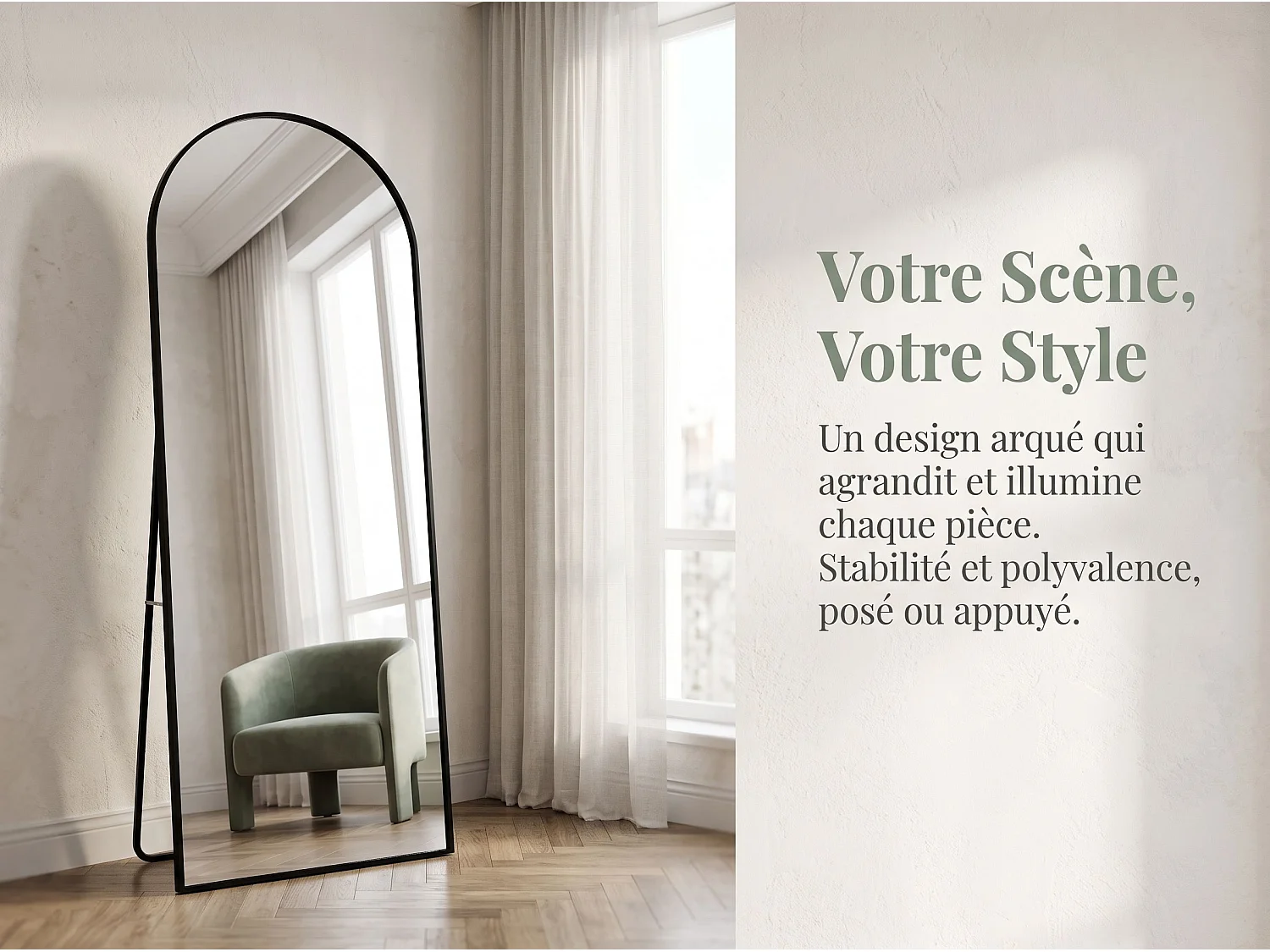 Miroir sur pied incurvé 180 x 80 cm - cadre en alliage d'aluminium - verre trempé - grand format - Noir
