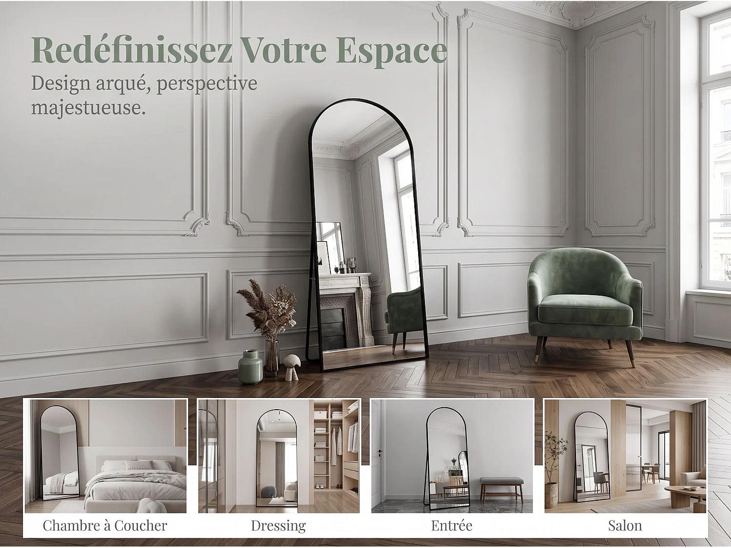 Miroir sur pied incurvé 180 x 80 cm - cadre en alliage d'aluminium - verre trempé - grand format - Noir
