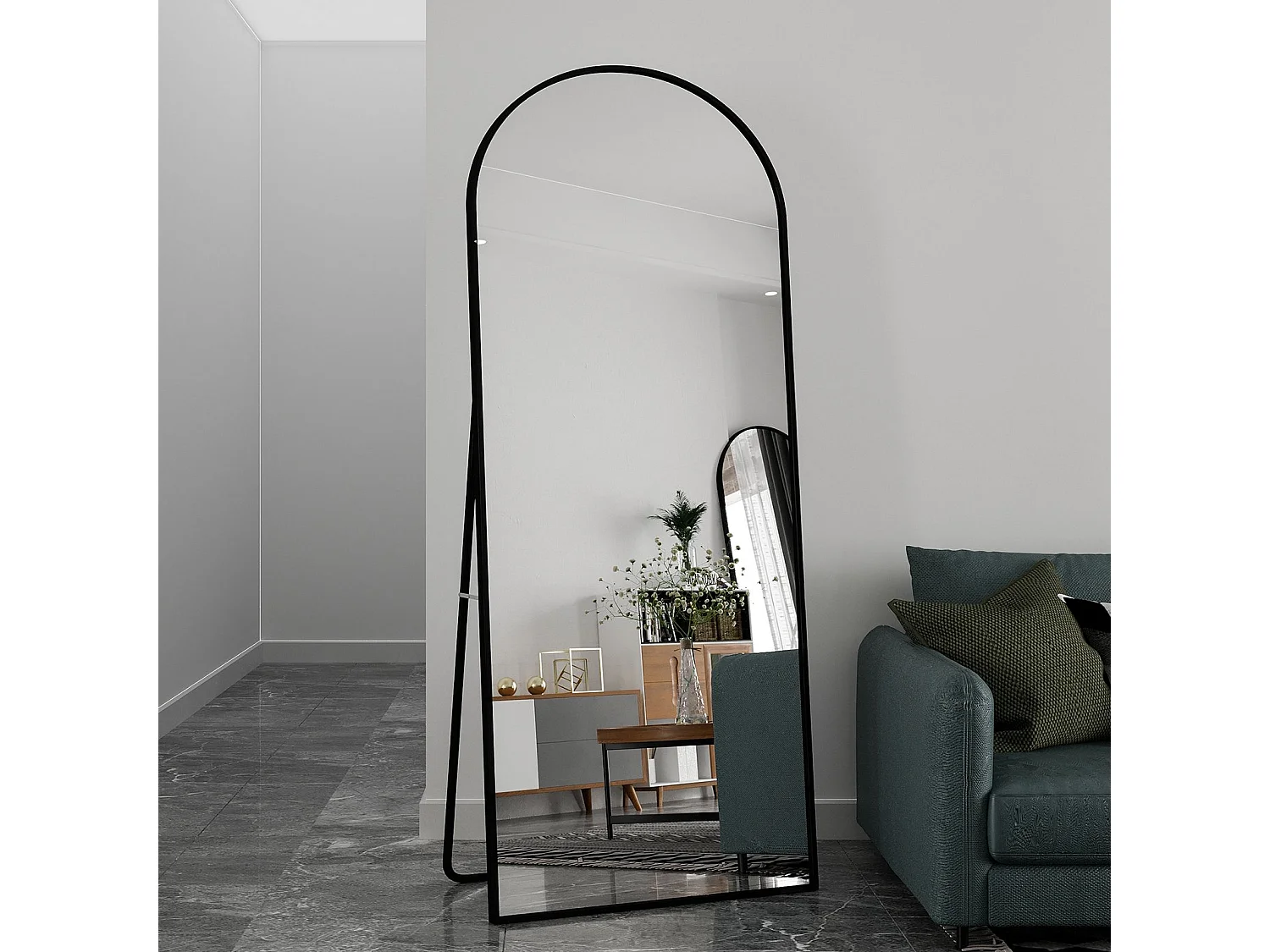Miroir sur pied incurvé 180 x 80 cm - cadre en alliage d'aluminium - verre trempé - grand format - Noir