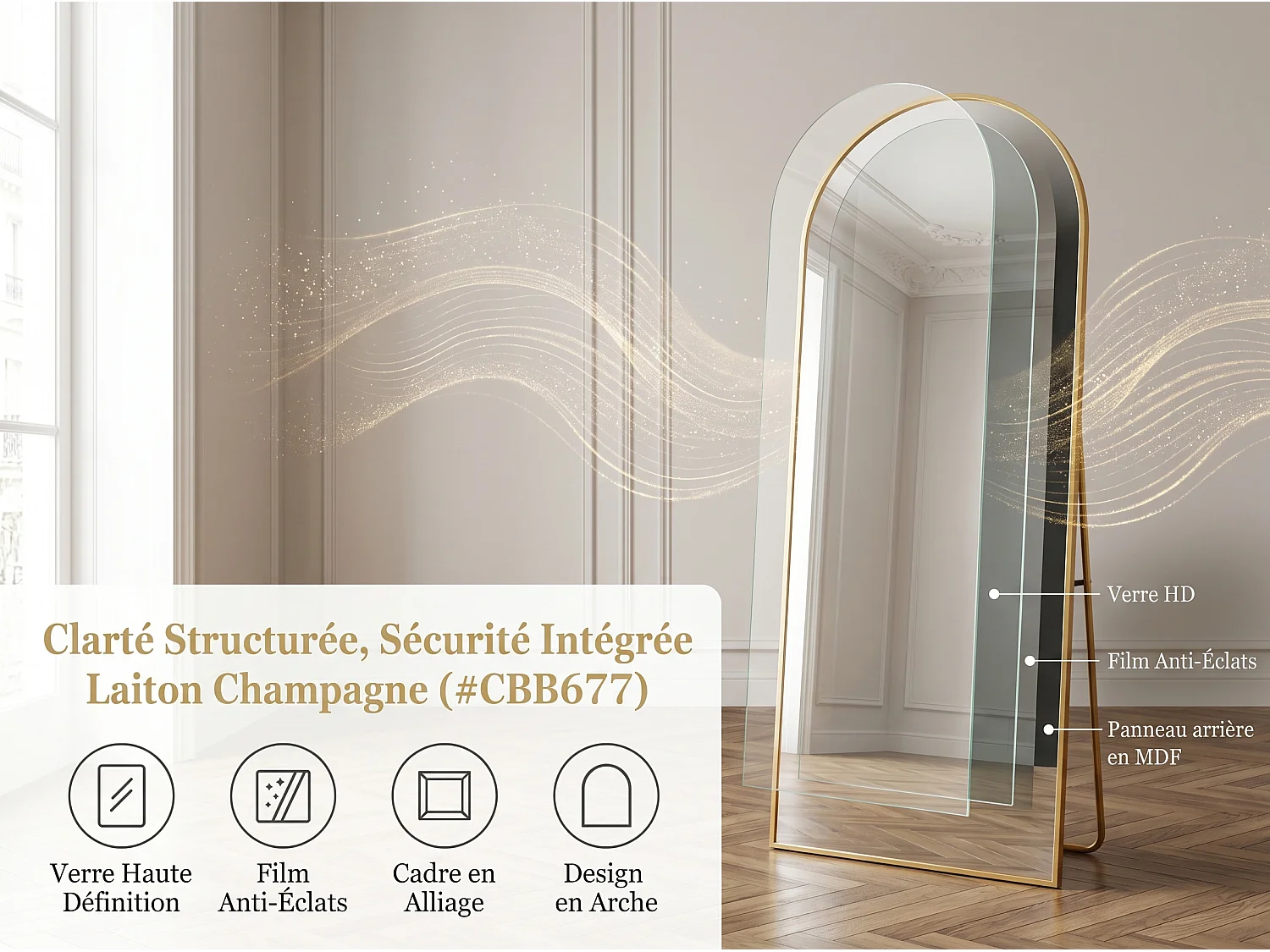 Miroir sur pied incurvé 162 x 53 cm - cadre en alliage d'aluminium - verre trempé - grand format - or