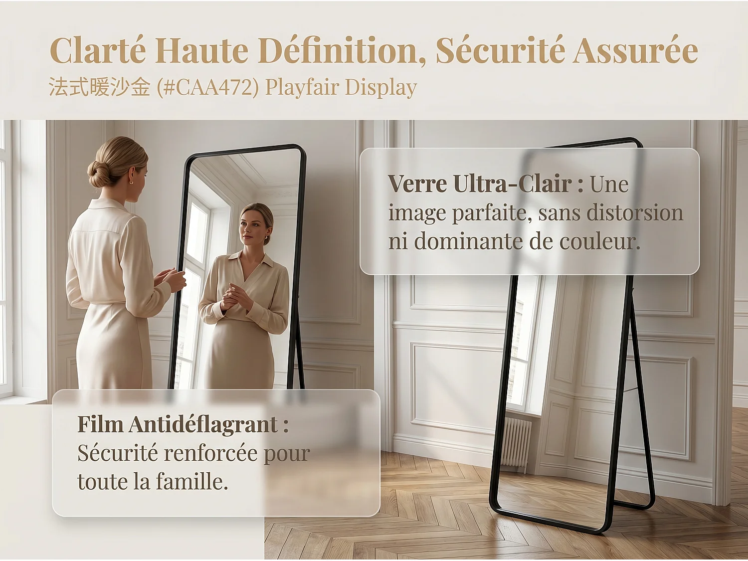 Miroir sur Pied 180x80 cm avec Cadre Aluminium Noir, Grand Miroir Plein Pied Design pour Chambre Dressing