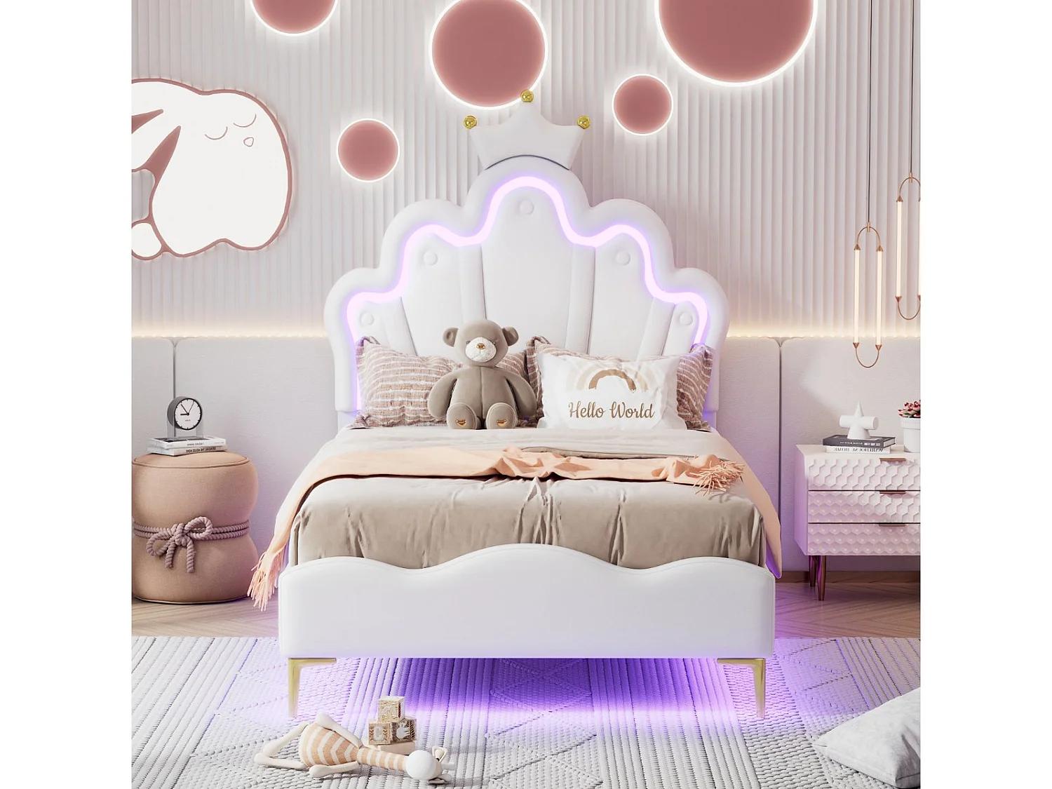 Lit enfant 90x200 cm Blanc avec tête de lit couronne rembourrée, éclairage LED et sommier – Lit une place design princesse