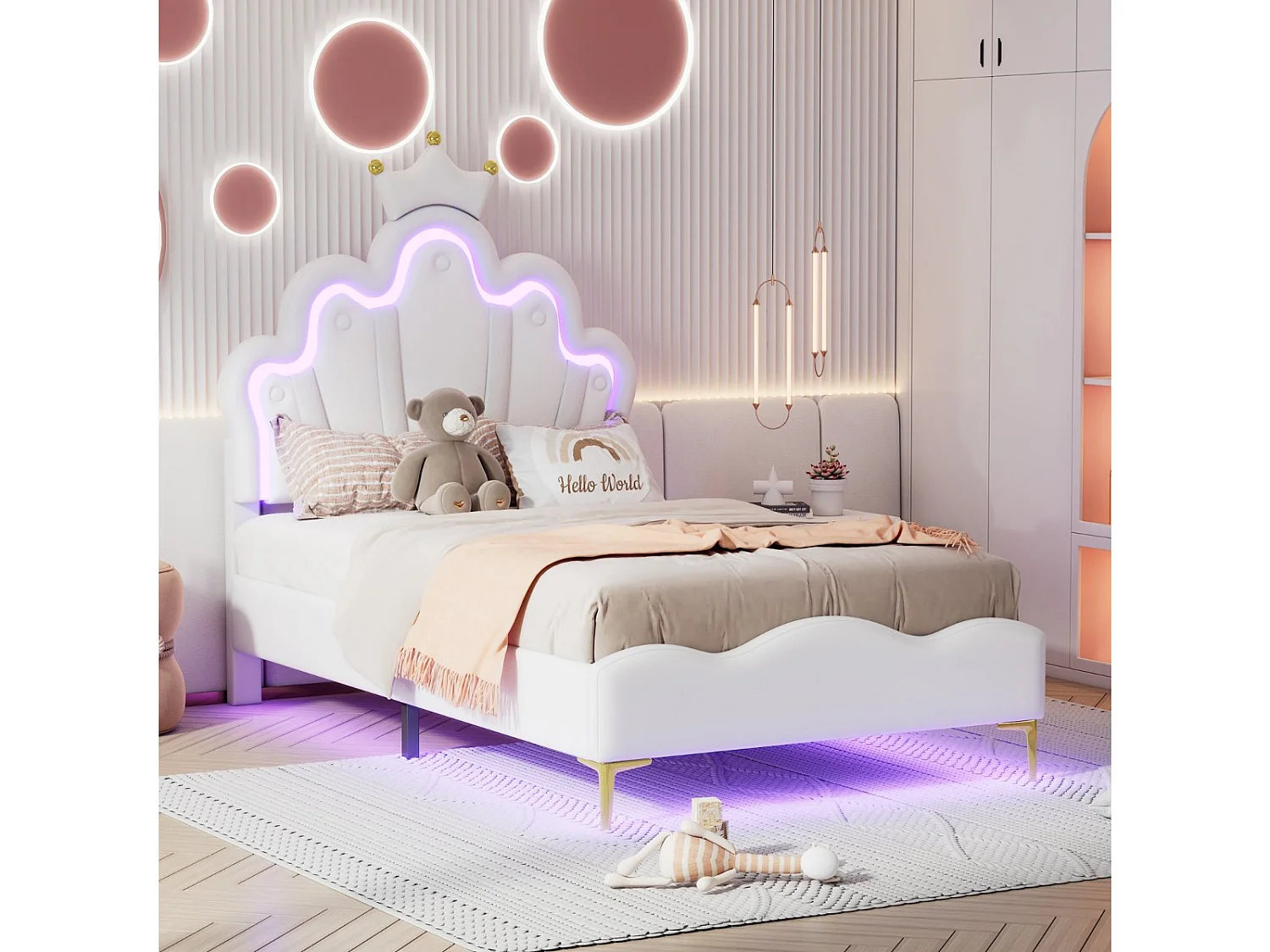 Lit enfant 90x200 cm Blanc avec tête de lit couronne rembourrée, éclairage LED et sommier – Lit une place design princesse