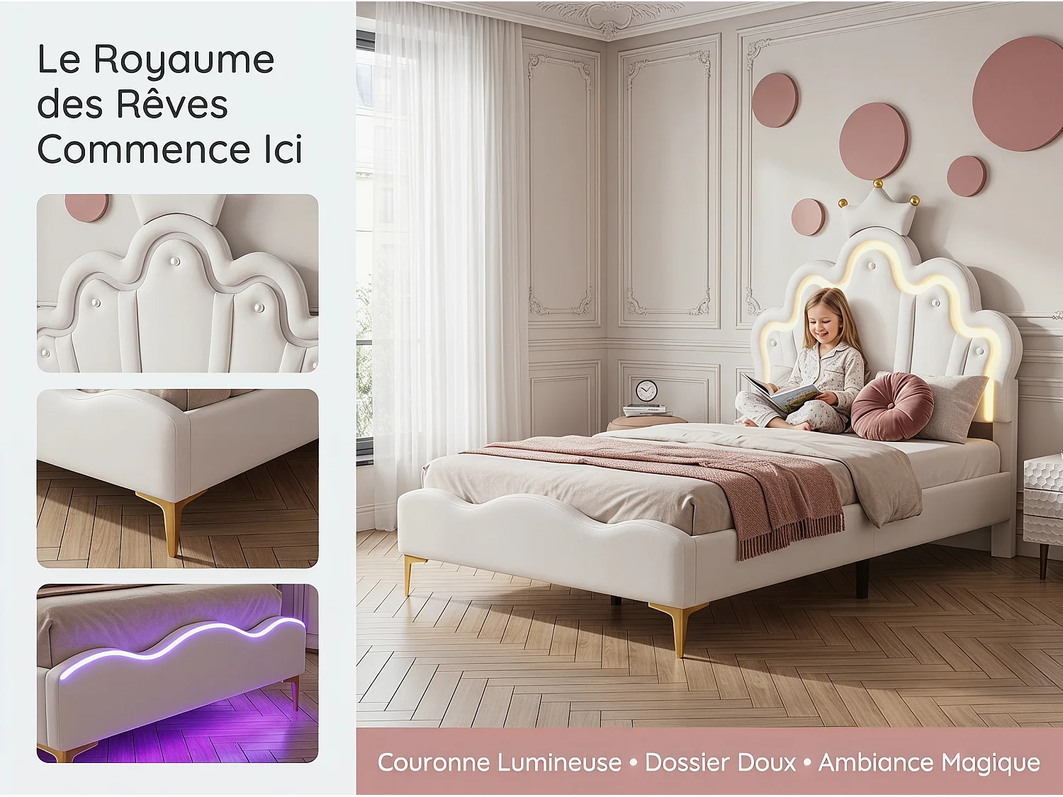 Lit enfant 90x200 cm Blanc avec tête de lit couronne rembourrée, éclairage LED et sommier – Lit une place design princesse