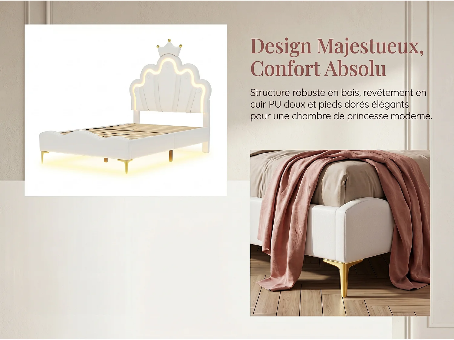 Lit enfant 90x200 cm Blanc avec tête de lit couronne rembourrée, éclairage LED et sommier – Lit une place design princesse