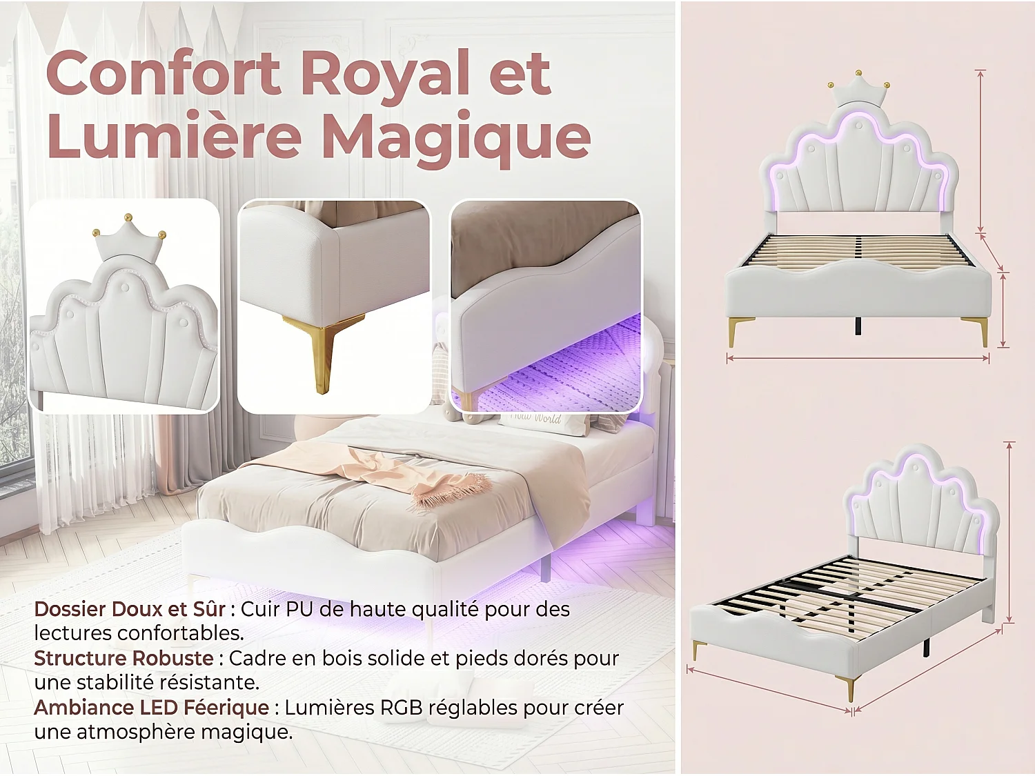 Lit enfant 90x200 cm Blanc avec tête de lit couronne rembourrée, éclairage LED et sommier – Lit une place design princesse
