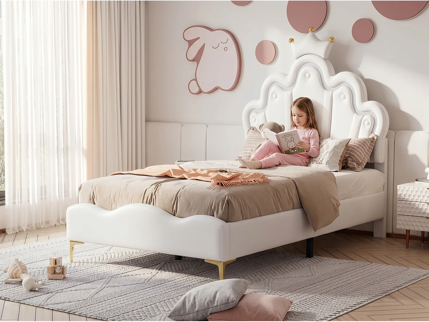 Lit enfant 90x200 cm Blanc avec tête de lit couronne rembourrée, éclairage LED et sommier – Lit une place design princesse