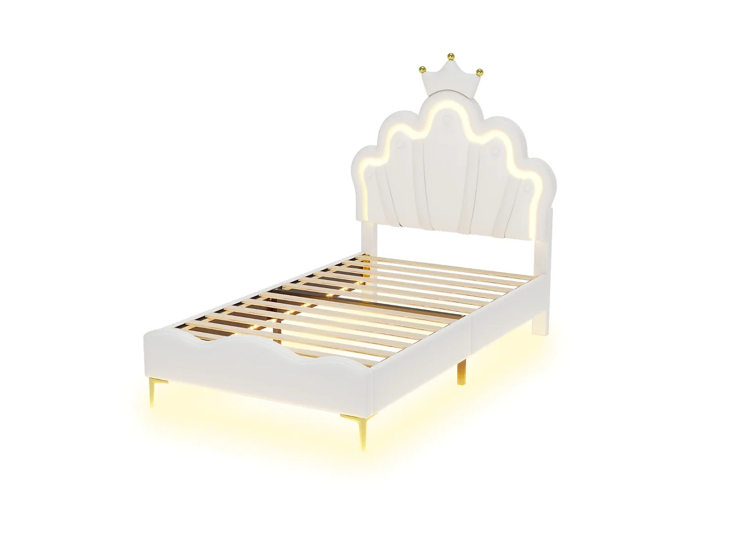 Lit enfant 90x200 cm Blanc avec tête de lit couronne rembourrée, éclairage LED et sommier – Lit une place design princesse