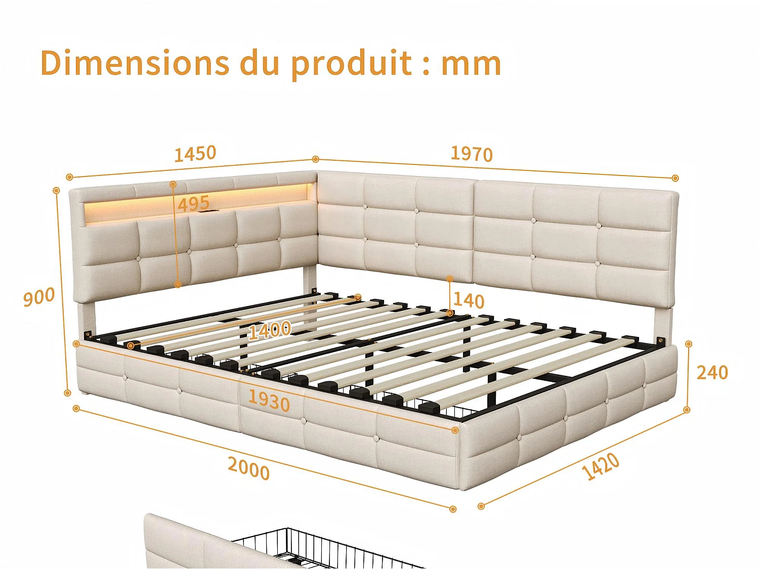 Lit coffre 140x190 cm beige avec rangement, lit double rembourré avec 2 tiroirs, tête de lit avec étagère et sommier à lattes inclus