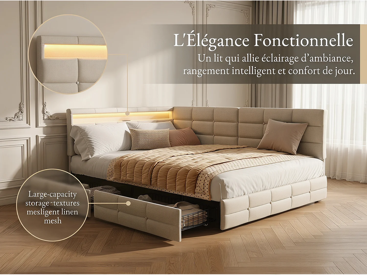Lit coffre 140x190 cm beige avec rangement, lit double rembourré avec 2 tiroirs, tête de lit avec étagère et sommier à lattes inclus