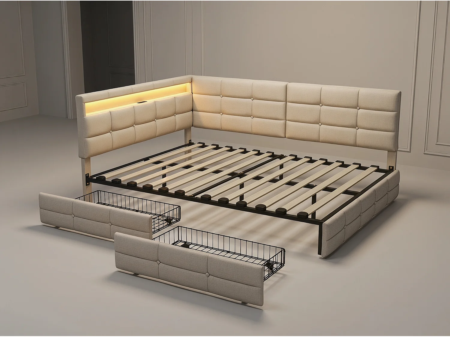 Lit coffre 140x190 cm beige avec rangement, lit double rembourré avec 2 tiroirs, tête de lit avec étagère et sommier à lattes inclus
