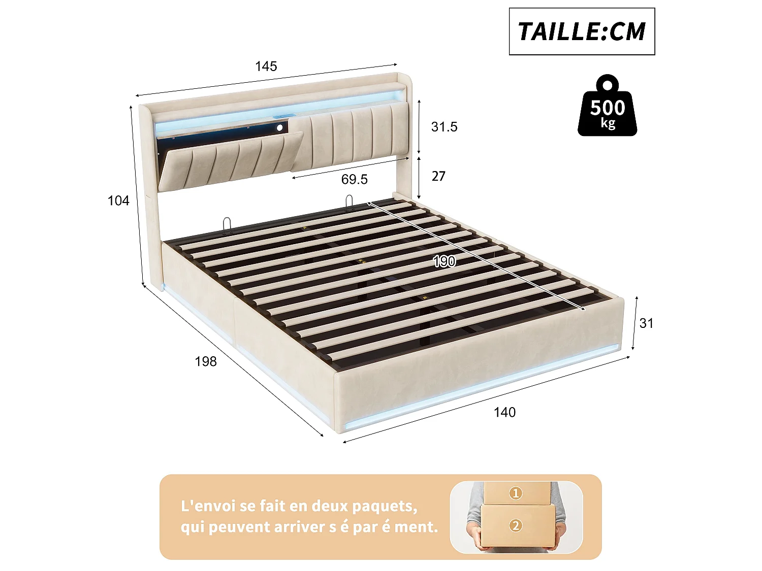 Lit coffre 140x200 cm gris avec rangement, lit double rembourré LED, hydraulique, tête de lit avec étagère et sommier inclus