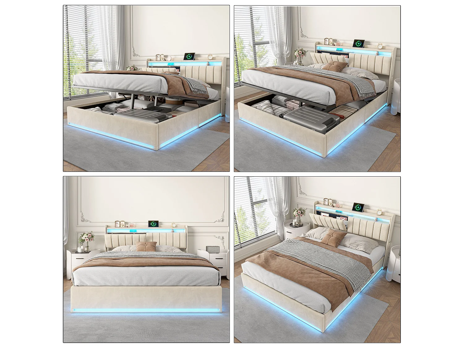 Lit coffre 140x200 cm gris avec rangement, lit double rembourré LED, hydraulique, tête de lit avec étagère et sommier inclus