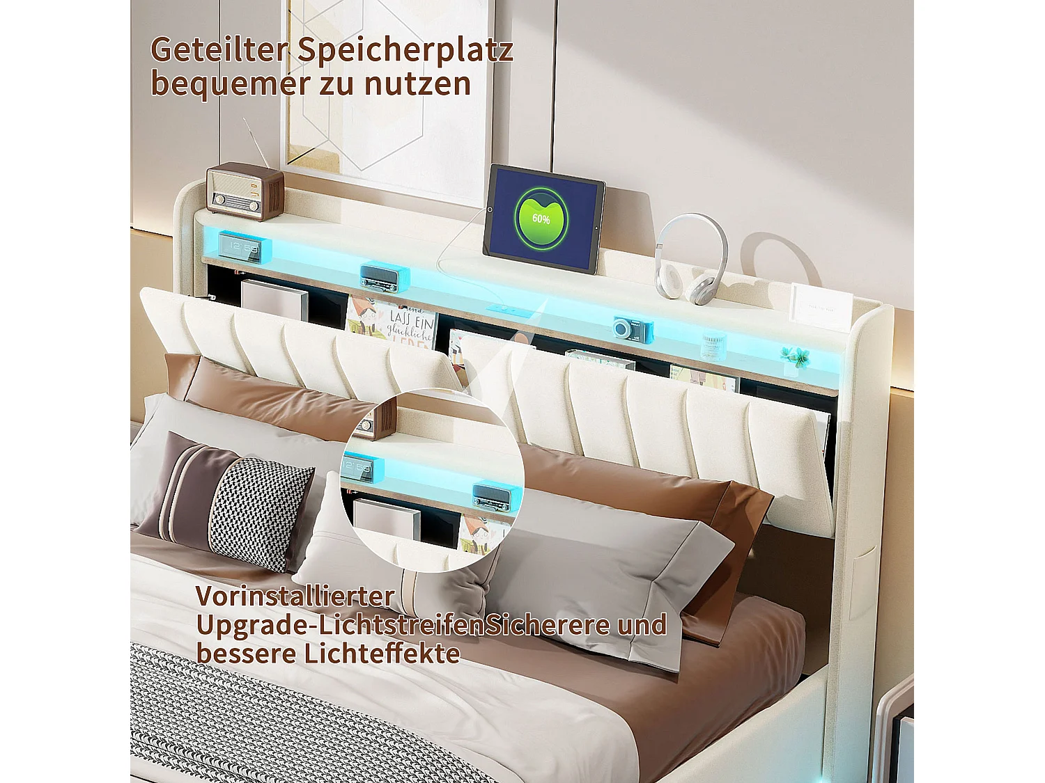 Lit coffre 140x200 cm gris avec rangement, lit double rembourré LED, hydraulique, tête de lit avec étagère et sommier inclus