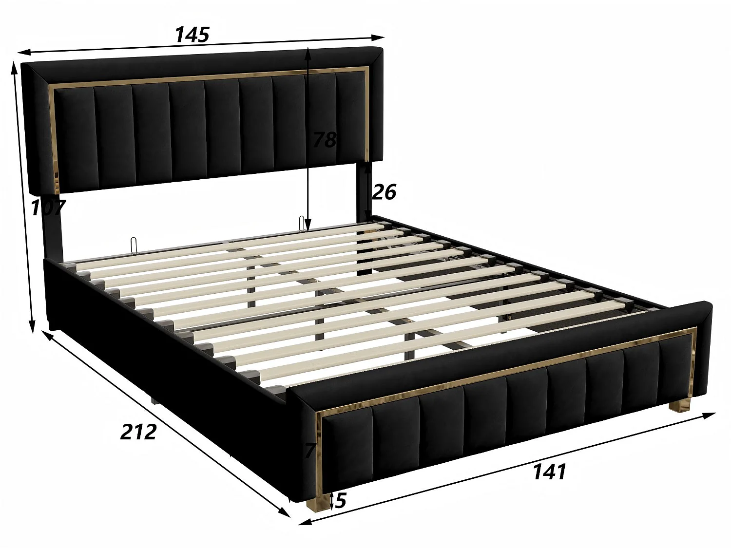 Lit coffre 140x200 cm Noir avec rangement hydraulique, lit double rembourré, tête de lit élégante, sommier à lattes inclus