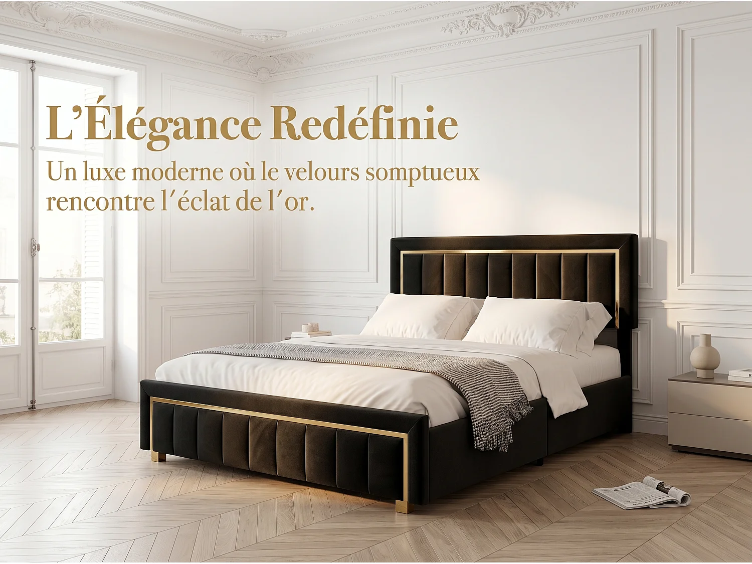 Lit coffre 140x200 cm Noir avec rangement hydraulique, lit double rembourré, tête de lit élégante, sommier à lattes inclus