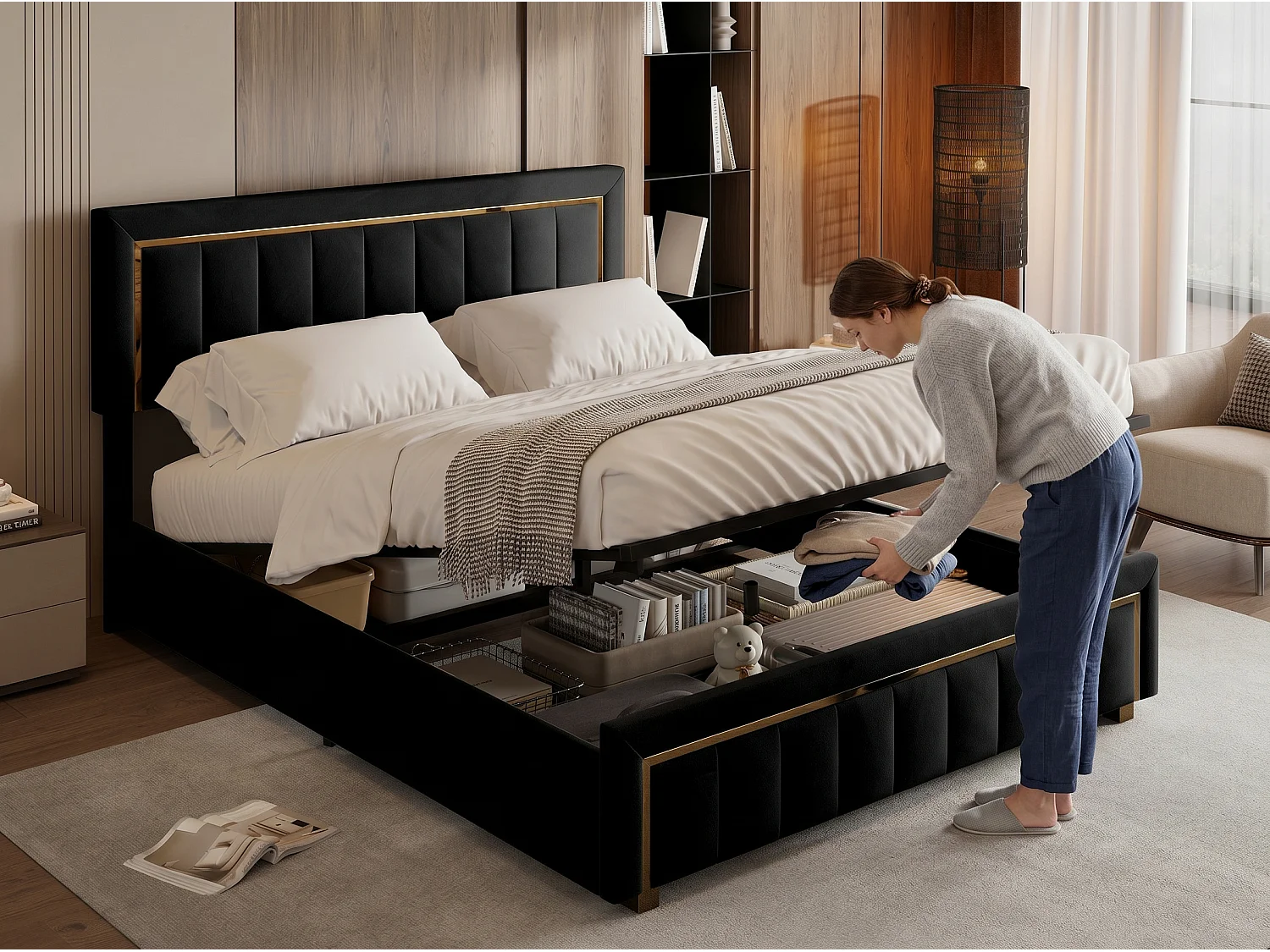 Lit coffre 140x200 cm Noir avec rangement hydraulique, lit double rembourré, tête de lit élégante, sommier à lattes inclus