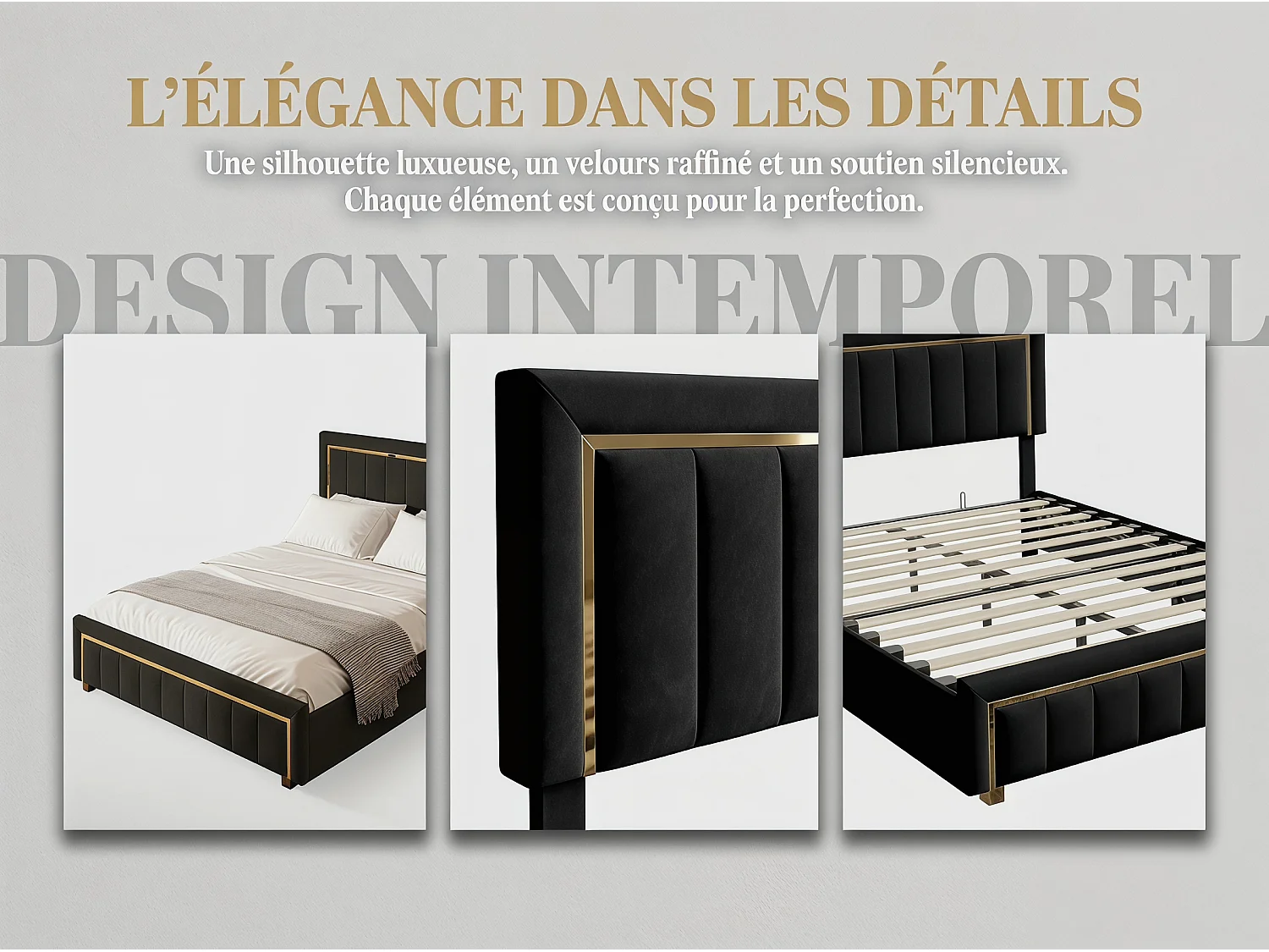 Lit coffre 140x200 cm Noir avec rangement hydraulique, lit double rembourré, tête de lit élégante, sommier à lattes inclus