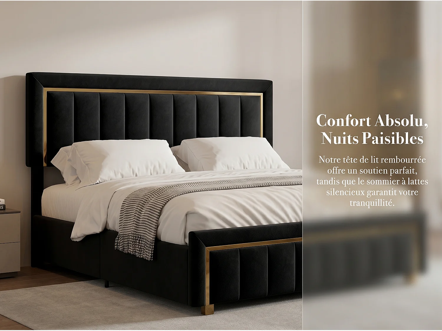 Lit coffre 140x200 cm Noir avec rangement hydraulique, lit double rembourré, tête de lit élégante, sommier à lattes inclus