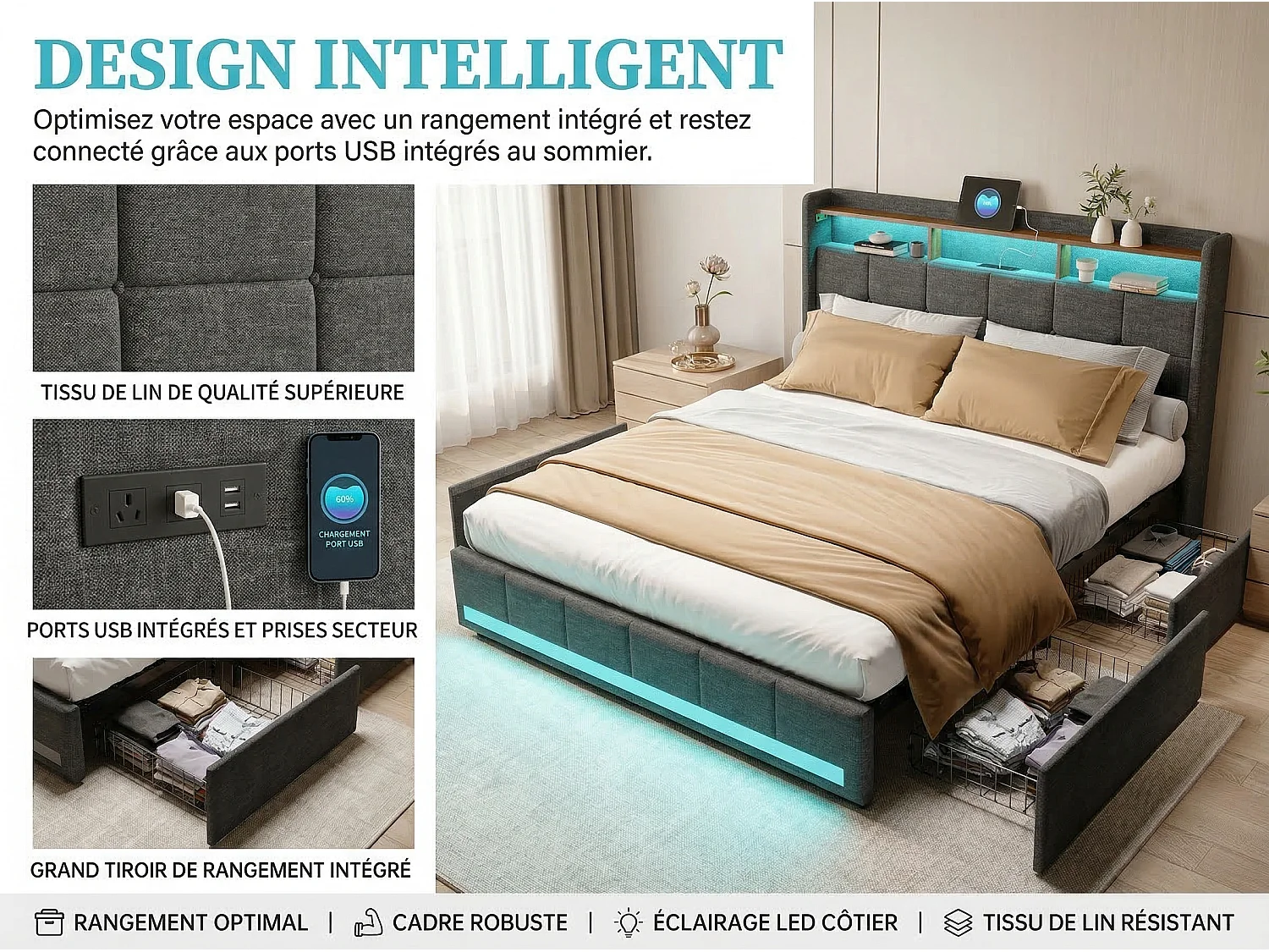 Lit double 140x200 avec rangement en lin, cadre de lit rembourré, 4 tiroirs coulissants, sommier à lattes, tête de lit LED, Gris