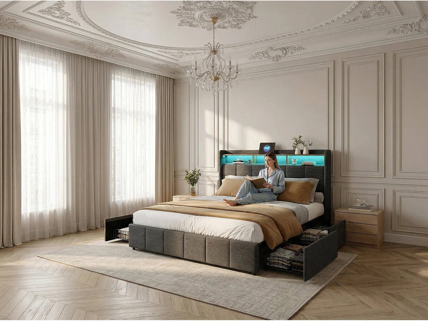 Lit double 140x200 avec rangement en lin, cadre de lit rembourré, 4 tiroirs coulissants, sommier à lattes, tête de lit LED, Gris