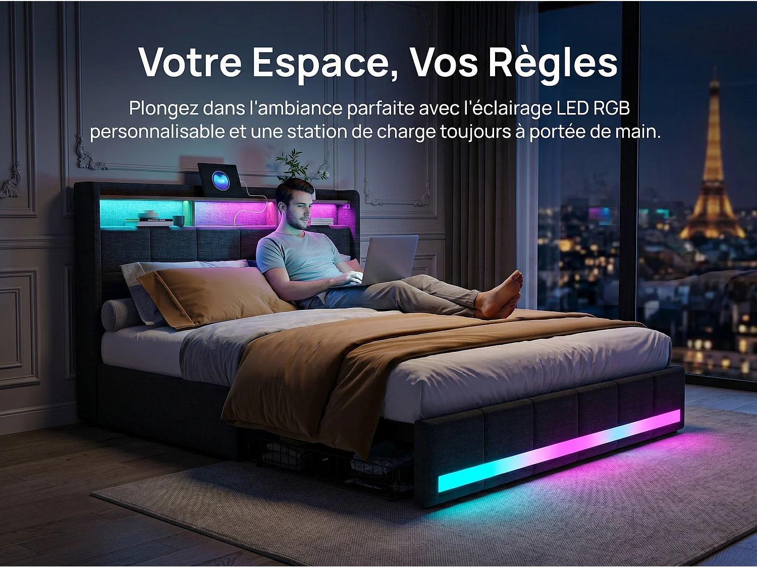 Lit double 140x200 avec rangement en lin, cadre de lit rembourré, 4 tiroirs coulissants, sommier à lattes, tête de lit LED, Gris