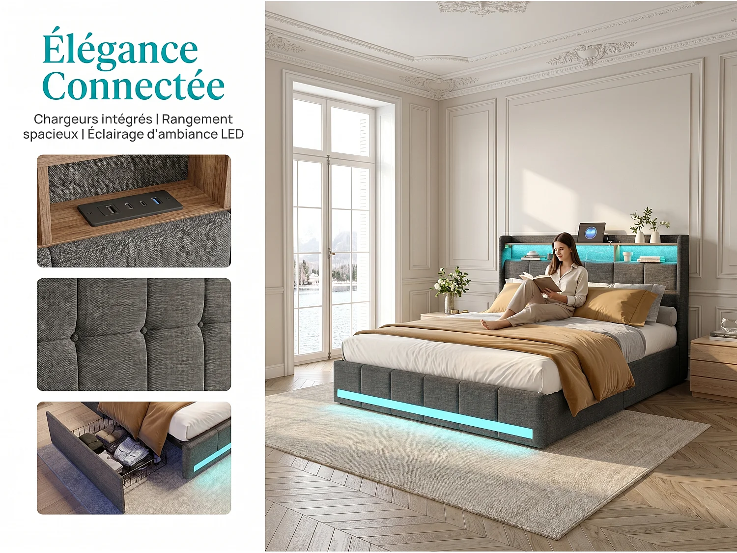Lit double 140x200 avec rangement en lin, cadre de lit rembourré, 4 tiroirs coulissants, sommier à lattes, tête de lit LED, Gris