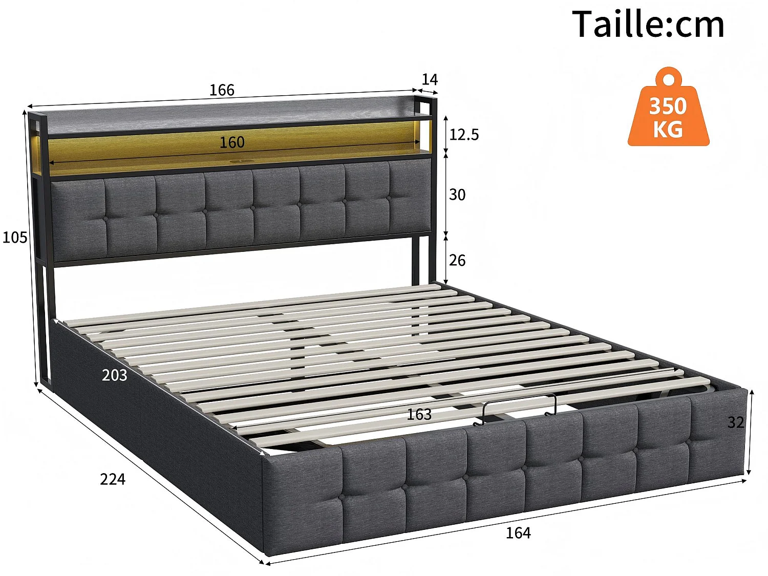 Lit coffre 160x200 cm avec tête de lit capitonnée, rangement spacieux, éclairage LED, ports USB, sommier inclus,  Noir