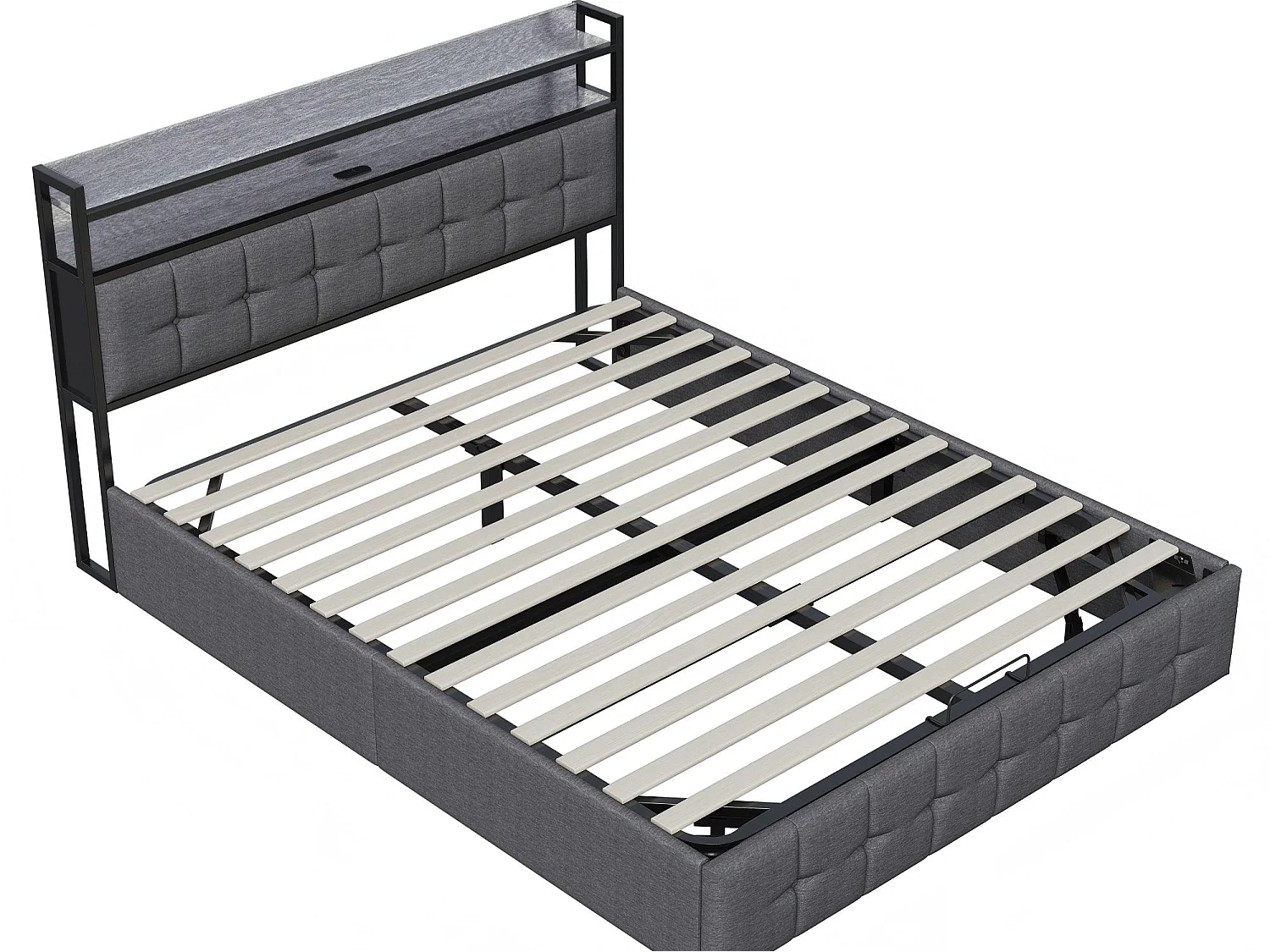 Lit coffre 160x200 cm avec tête de lit capitonnée, rangement spacieux, éclairage LED, ports USB, sommier inclus,  Noir