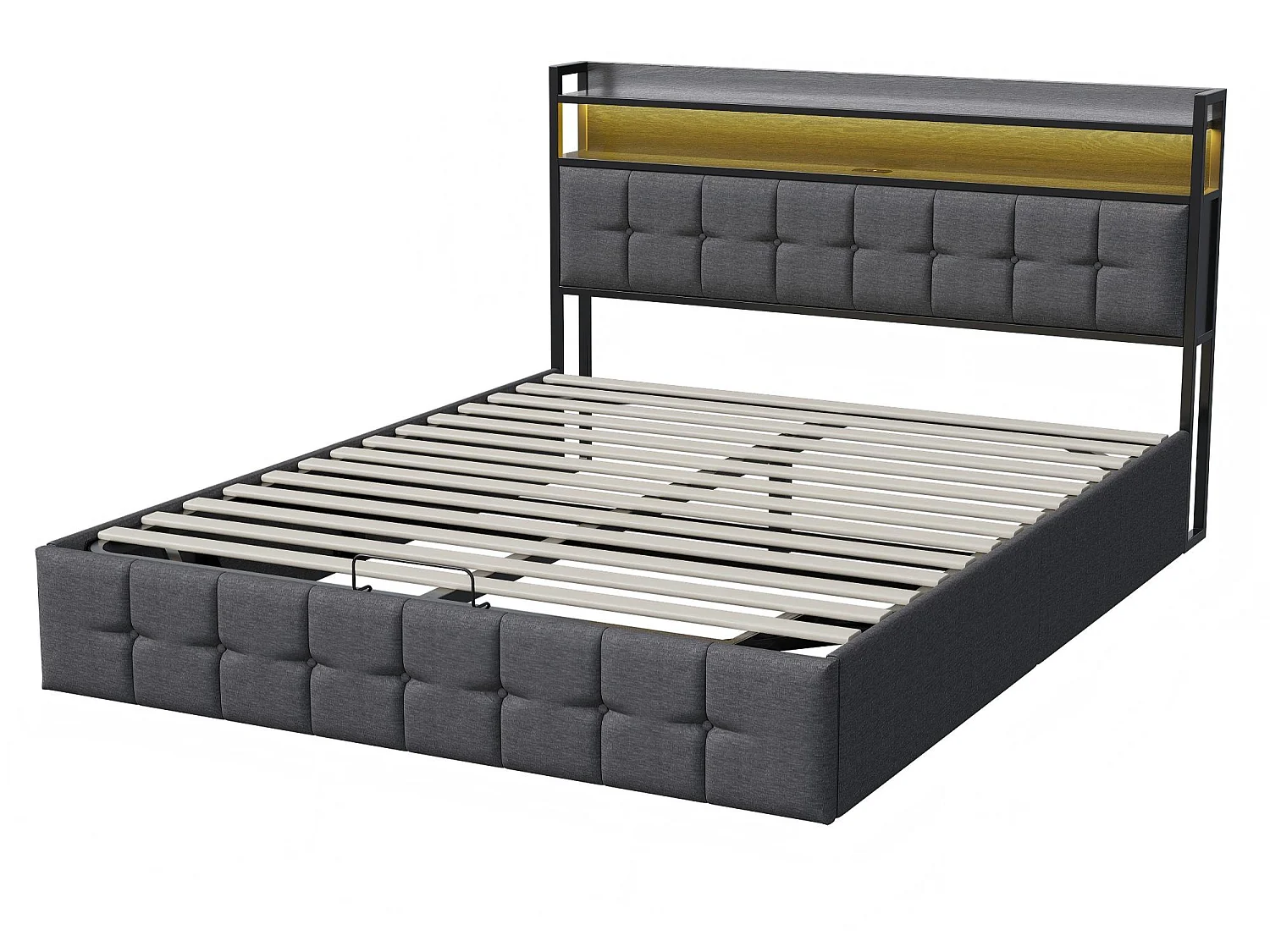 Lit coffre 160x200 cm avec tête de lit capitonnée, rangement spacieux, éclairage LED, ports USB, sommier inclus,  Noir